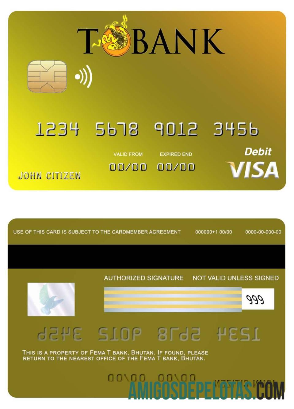 Cartão Visa do Butão T Bank amostra